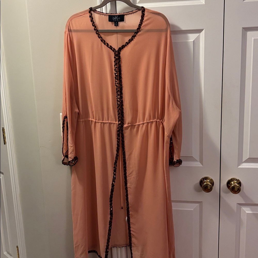 DASH by Kardashian Peach sheer Cardigan with Black Accent sequins.  NWOT